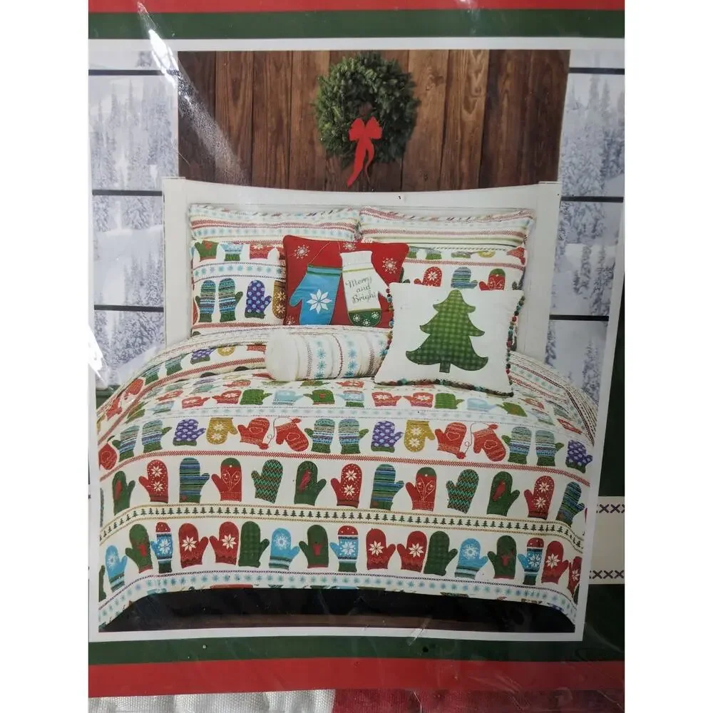 NEW! Mittens King Size Christmas Bed Quilt Comforter Multi-Color Winter Holiday